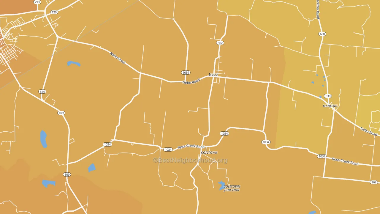 Map of the best neighborhoods in the Nebo area, with better matches in green and worse matches in red