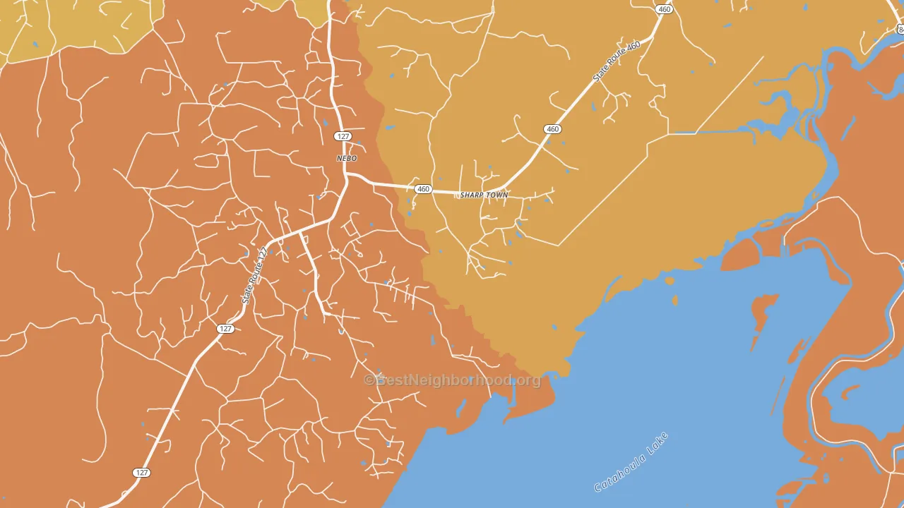 Map of the best neighborhoods in the Nebo area, with better matches in green and worse matches in red