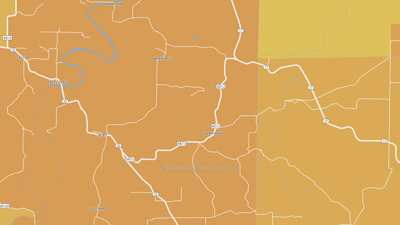 Map of the best neighborhoods in the Nebo area, with better matches in green and worse matches in red