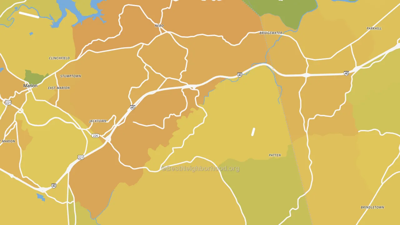 Map of the best neighborhoods in the Nebo area, with better matches in green and worse matches in red