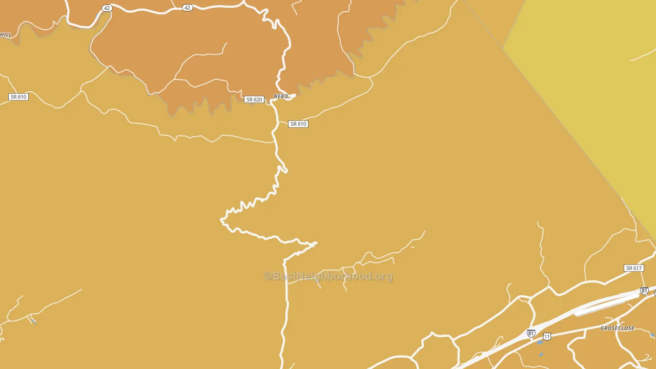Map of the best neighborhoods in the Nebo area, with better matches in green and worse matches in red