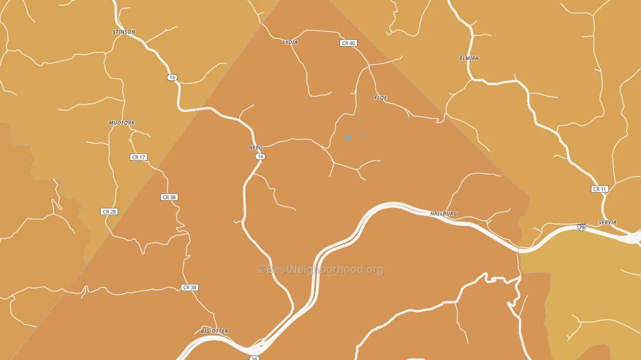 Map of the best neighborhoods in the Nebo area, with better matches in green and worse matches in red