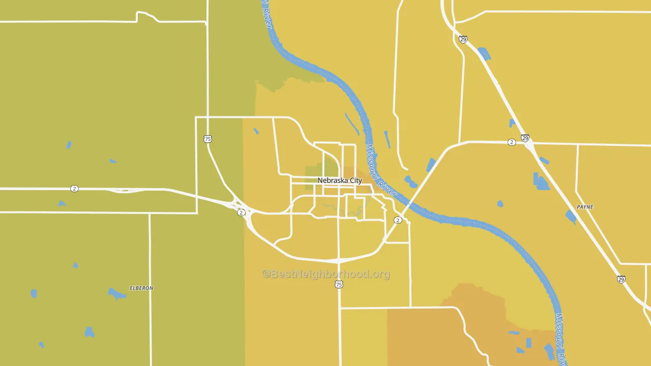 Map of the best neighborhoods in the Nebraska City area, with better matches in green and worse matches in red