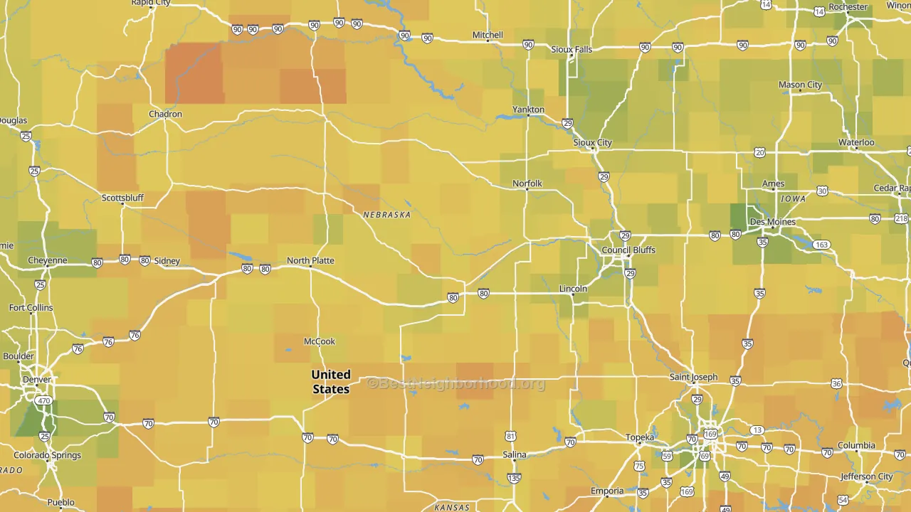 Map of the best neighborhoods in the Nebraska area, with better matches in green and worse matches in red