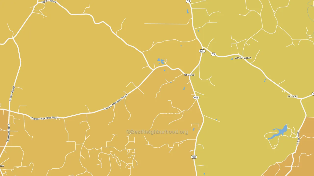 Map of the best neighborhoods in the Necaise area, with better matches in green and worse matches in red