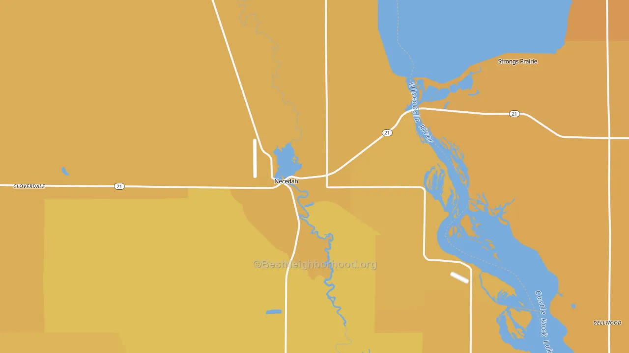 Map of the best neighborhoods in the Necedah area, with better matches in green and worse matches in red