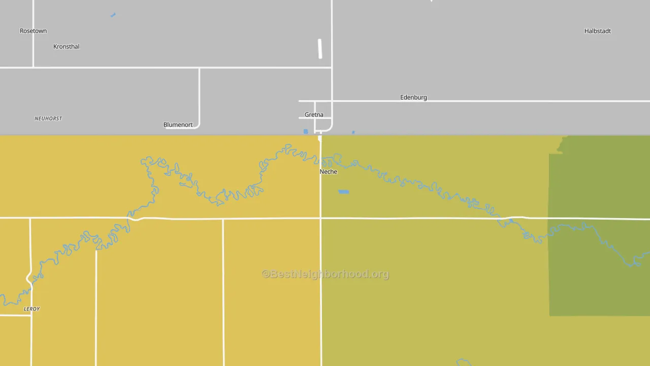 Map of the best neighborhoods in the Neche area, with better matches in green and worse matches in red