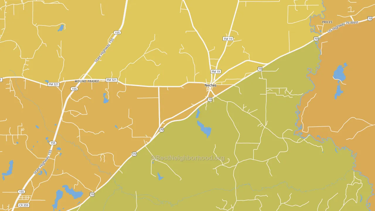 Map of the best neighborhoods in the Neches area, with better matches in green and worse matches in red