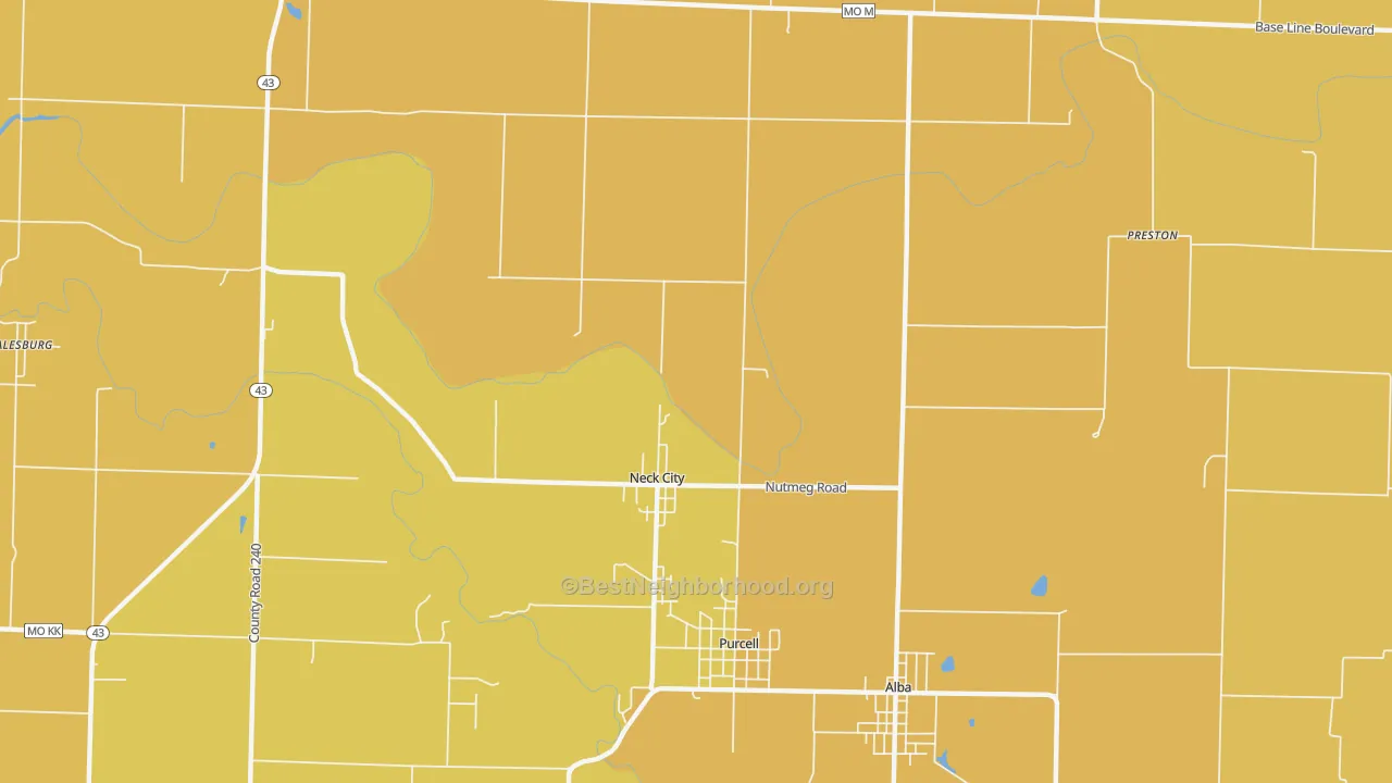 Map of the best neighborhoods in the Neck City area, with better matches in green and worse matches in red