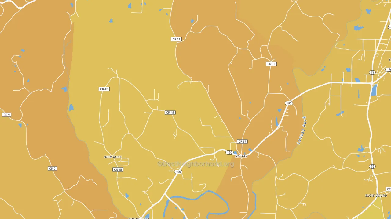 Map of the best neighborhoods in the Nectar area, with better matches in green and worse matches in red