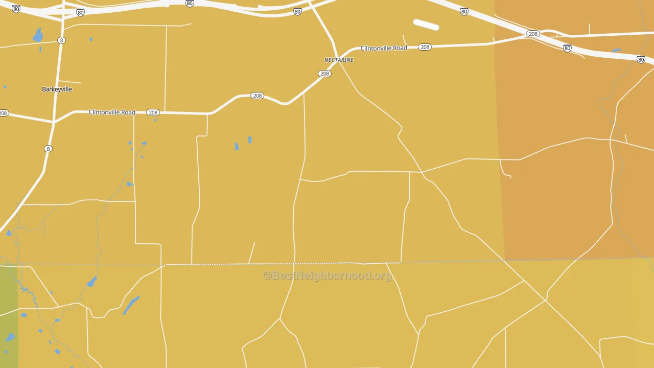Map of the best neighborhoods in the Nectarine area, with better matches in green and worse matches in red