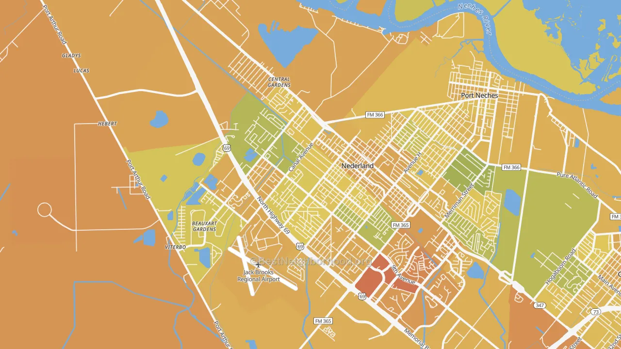 Map of the best neighborhoods in the Nederland area, with better matches in green and worse matches in red