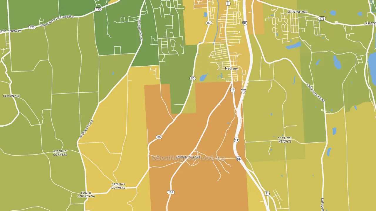 Map of the best neighborhoods in the Nedrow area, with better matches in green and worse matches in red