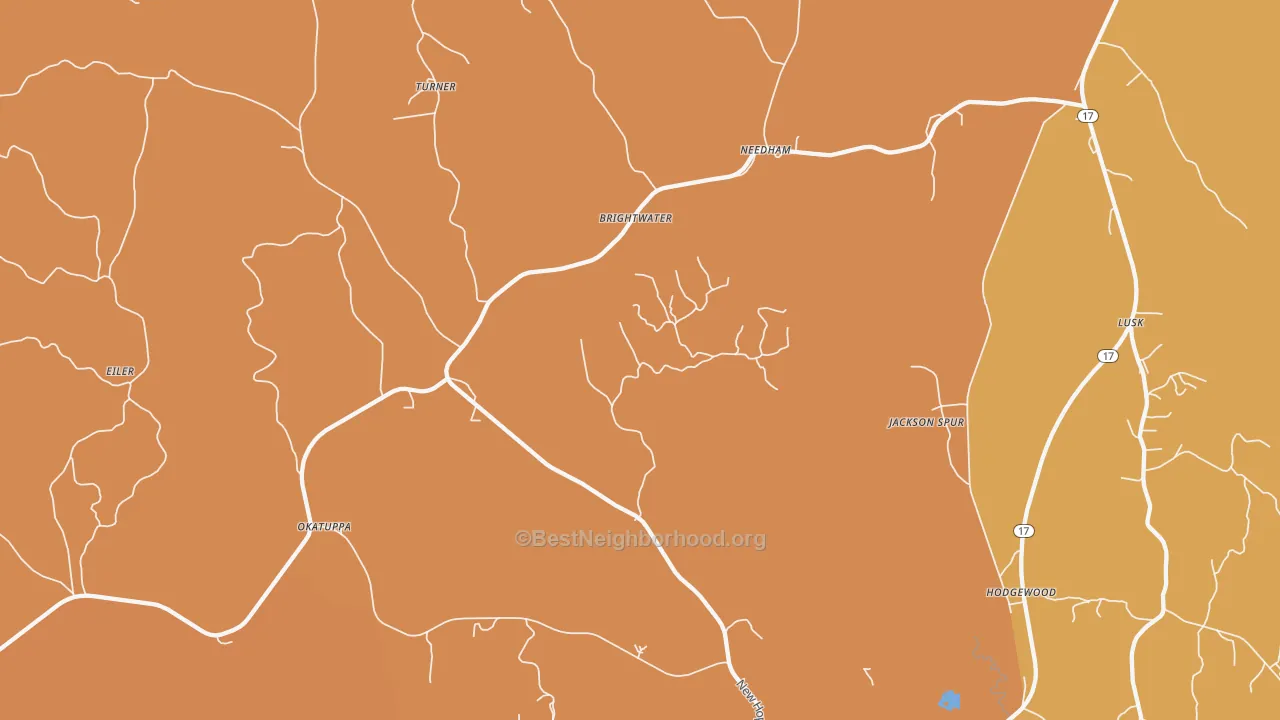 Map of the best neighborhoods in the Needham area, with better matches in green and worse matches in red