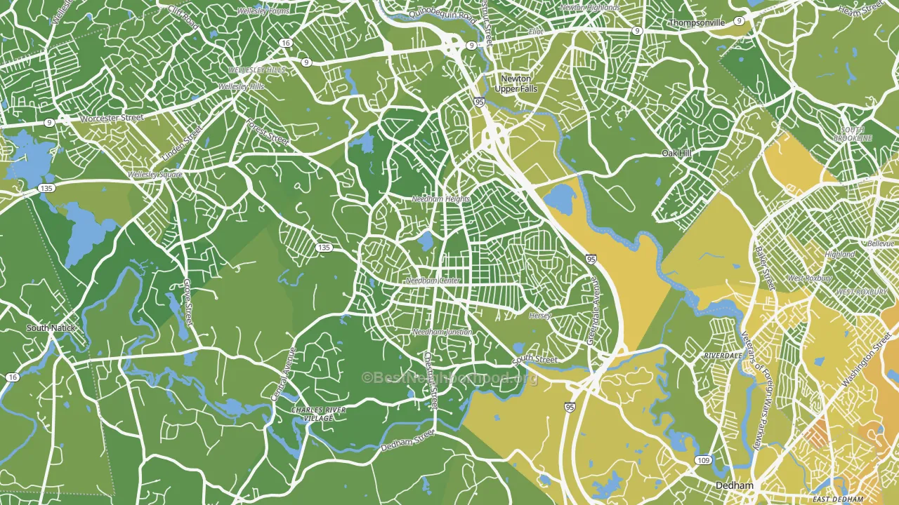 Map of the best neighborhoods in the Needham area, with better matches in green and worse matches in red