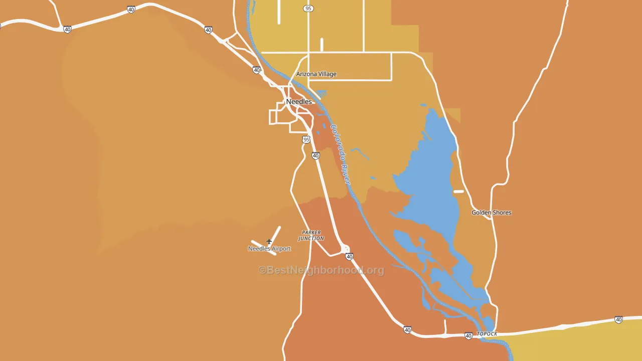 Map of the best neighborhoods in the Needles area, with better matches in green and worse matches in red