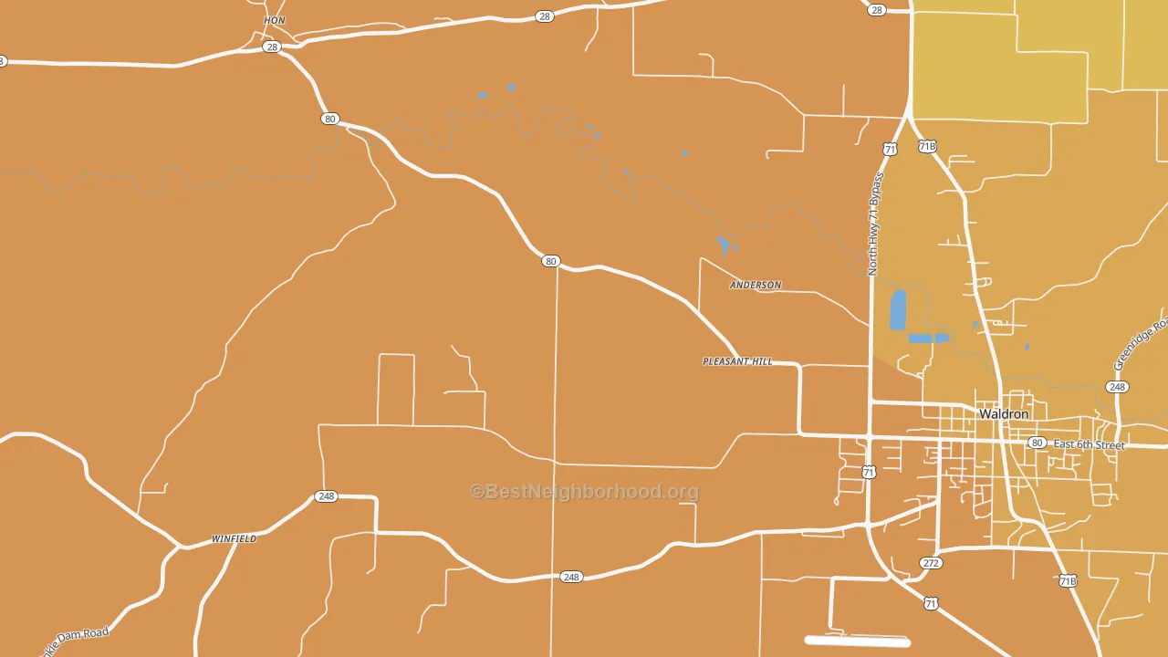 Map of the best neighborhoods in the Needmore area, with better matches in green and worse matches in red