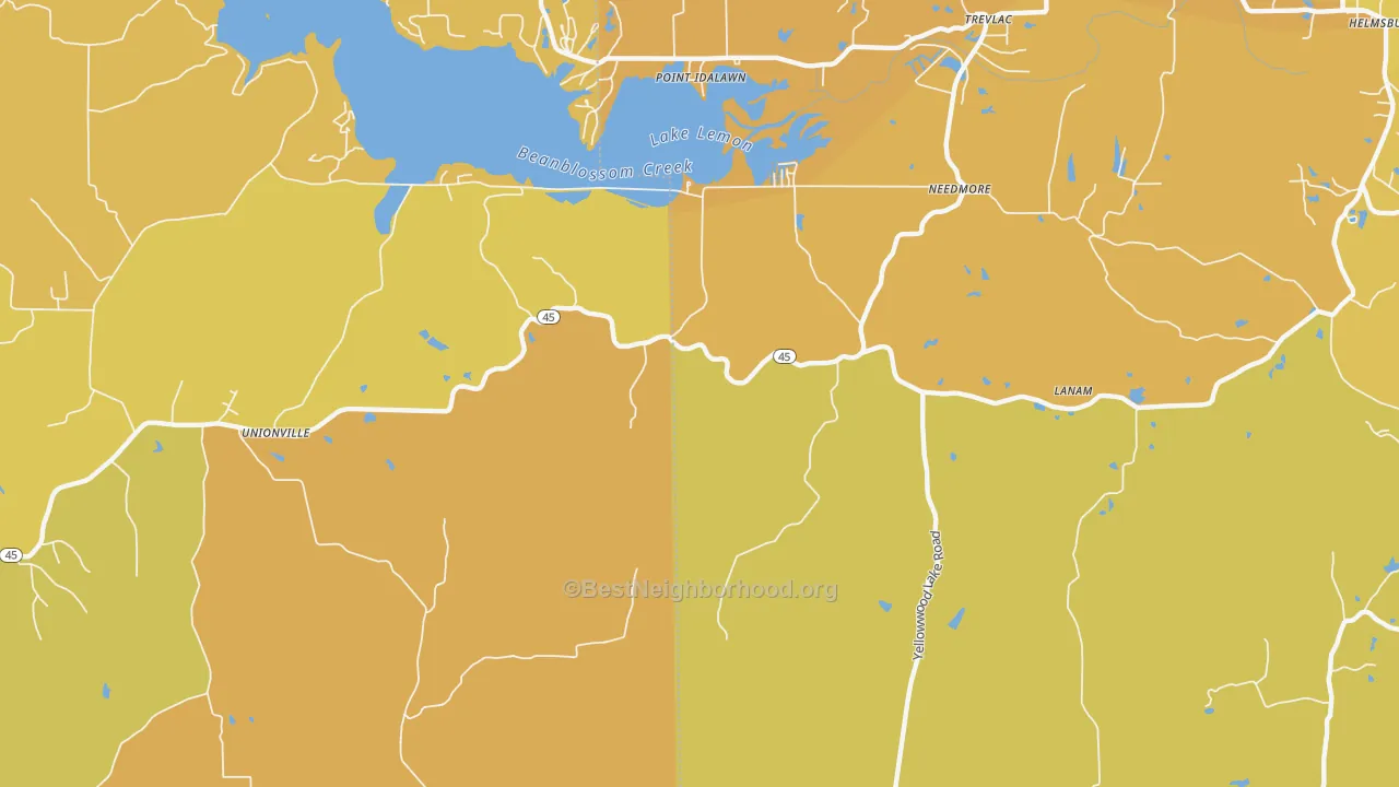 Map of the best neighborhoods in the Needmore area, with better matches in green and worse matches in red