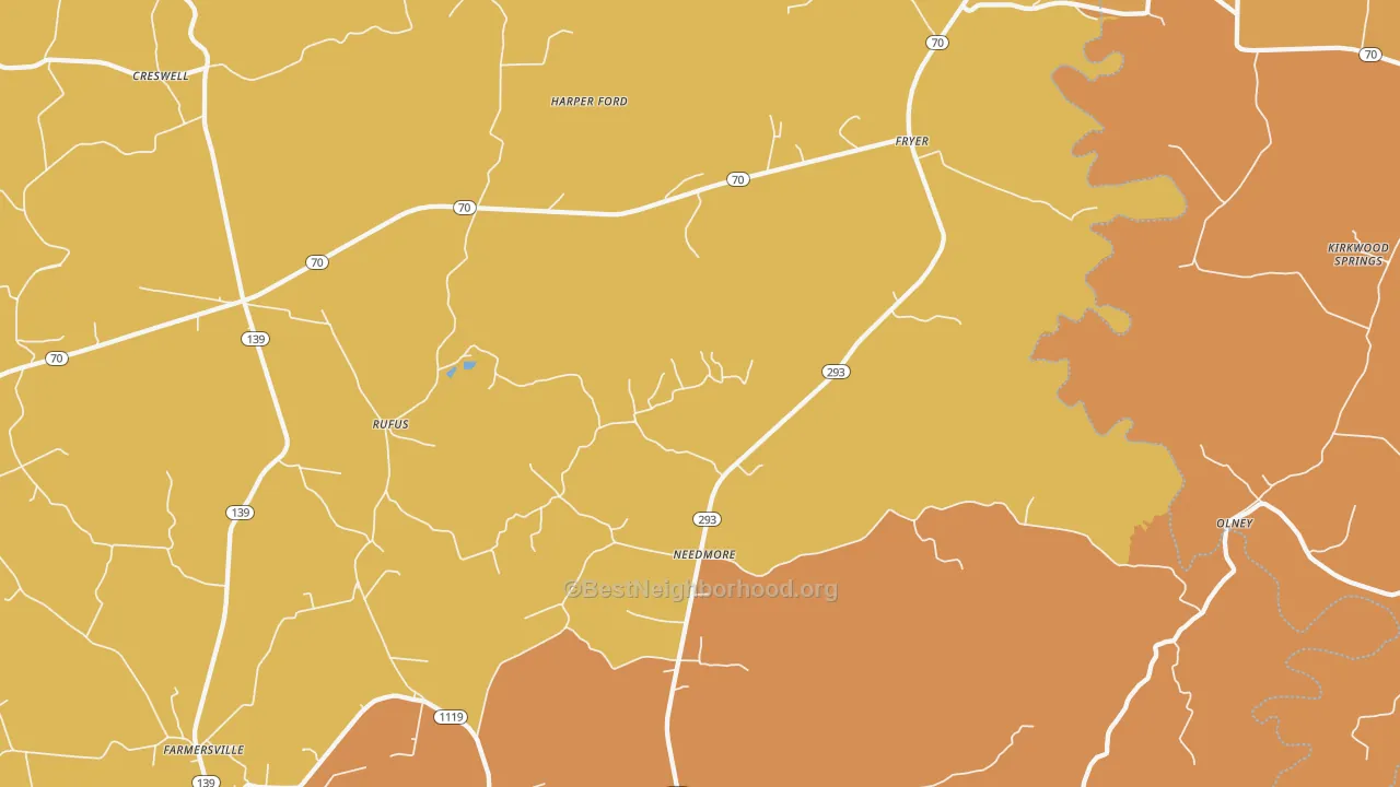Map of the best neighborhoods in the Needmore area, with better matches in green and worse matches in red