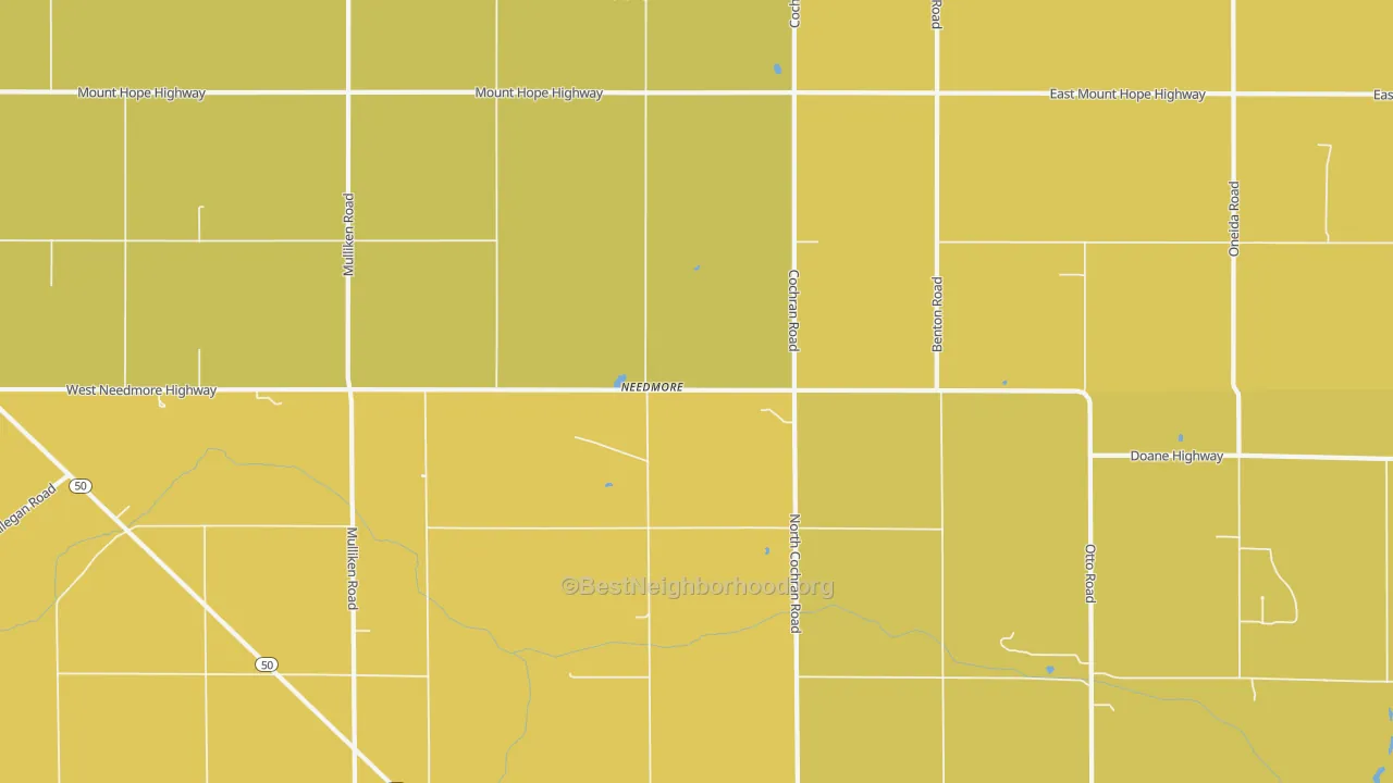 Map of the best neighborhoods in the Needmore area, with better matches in green and worse matches in red