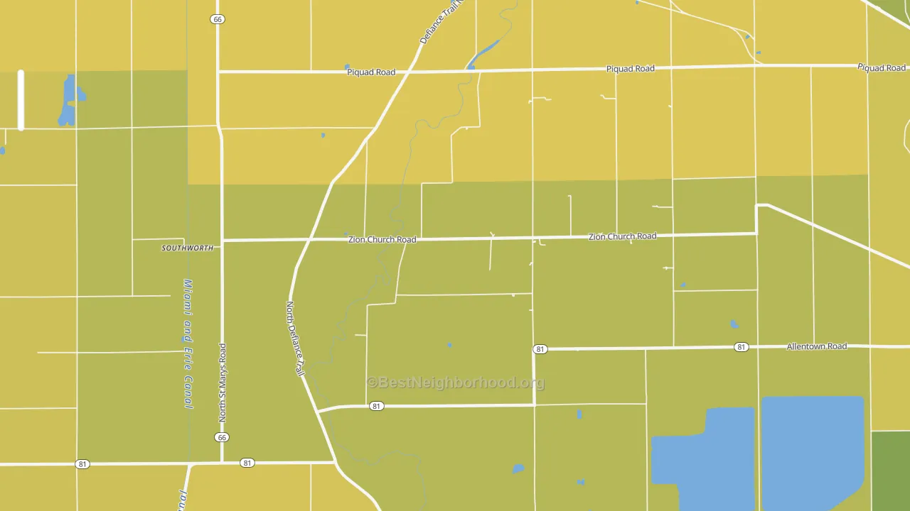 Map of the best neighborhoods in the Needmore area, with better matches in green and worse matches in red
