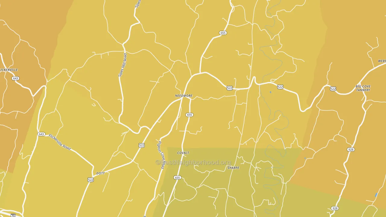 Map of the best neighborhoods in the Needmore area, with better matches in green and worse matches in red