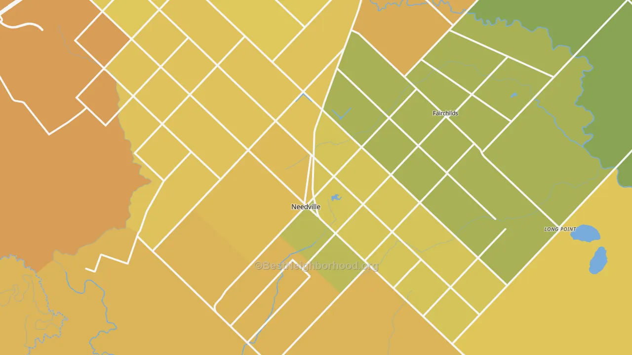 Map of the best neighborhoods in the Needville area, with better matches in green and worse matches in red