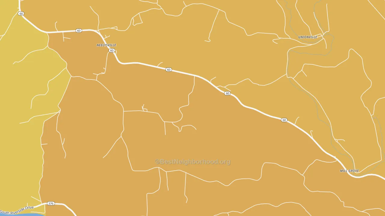 Map of the best neighborhoods in the Neelysville area, with better matches in green and worse matches in red