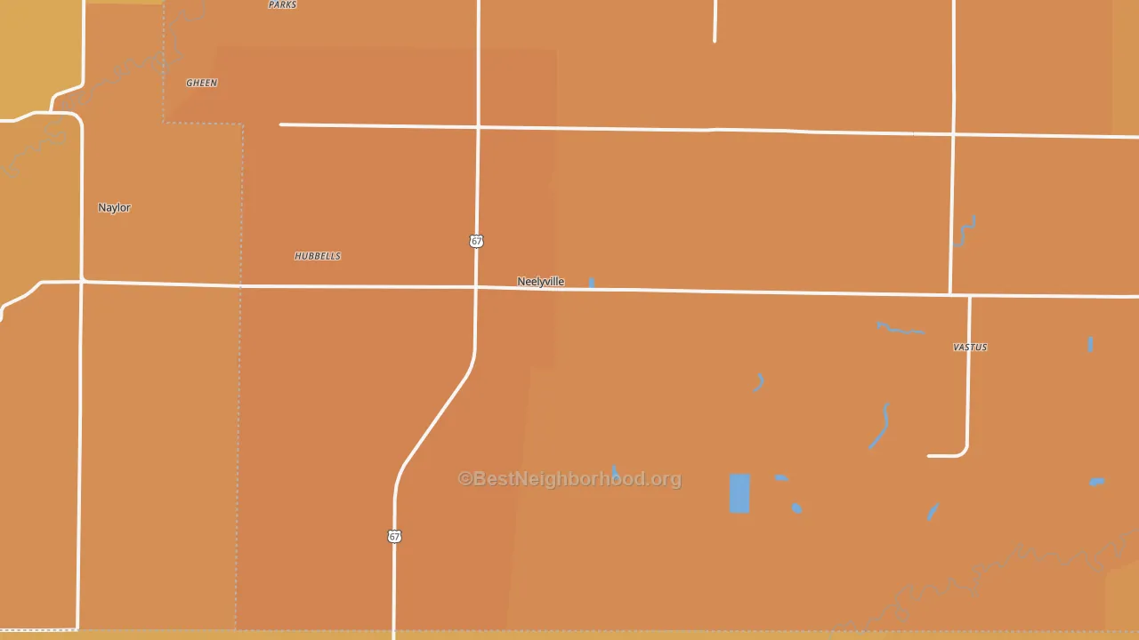 Map of the best neighborhoods in the Neelyville area, with better matches in green and worse matches in red