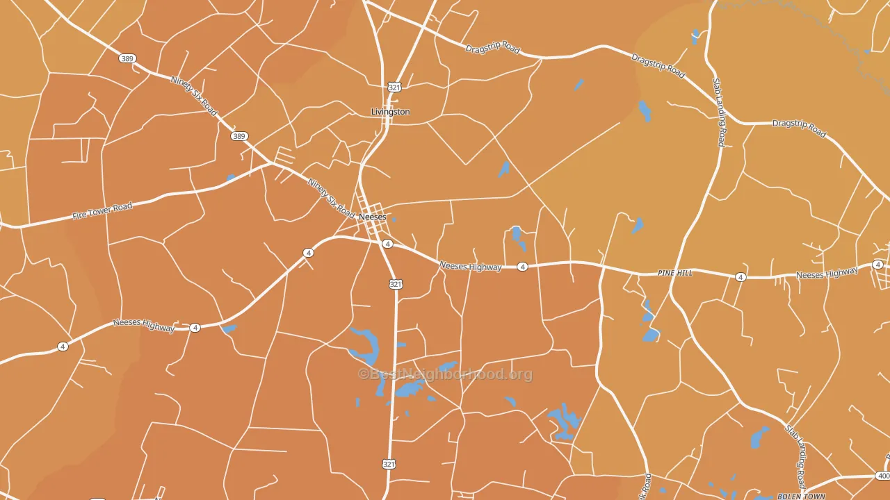 Map of the best neighborhoods in the Neeses area, with better matches in green and worse matches in red