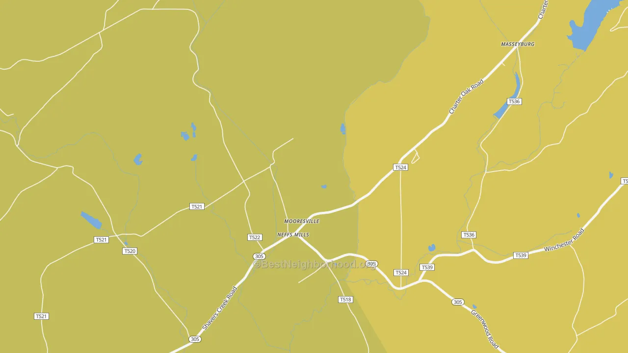Map of the best neighborhoods in the Neffs Mills area, with better matches in green and worse matches in red