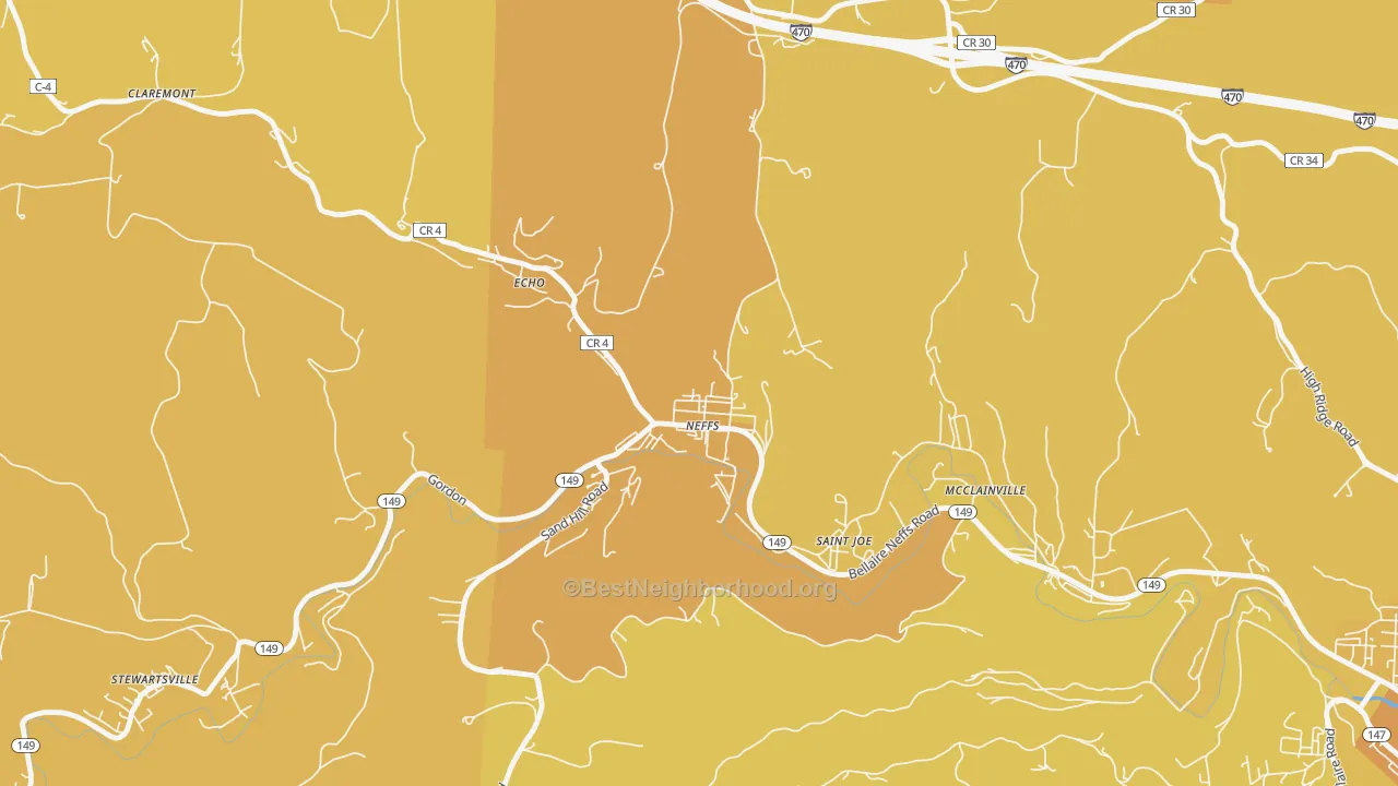 Map of the best neighborhoods in the Neffs area, with better matches in green and worse matches in red