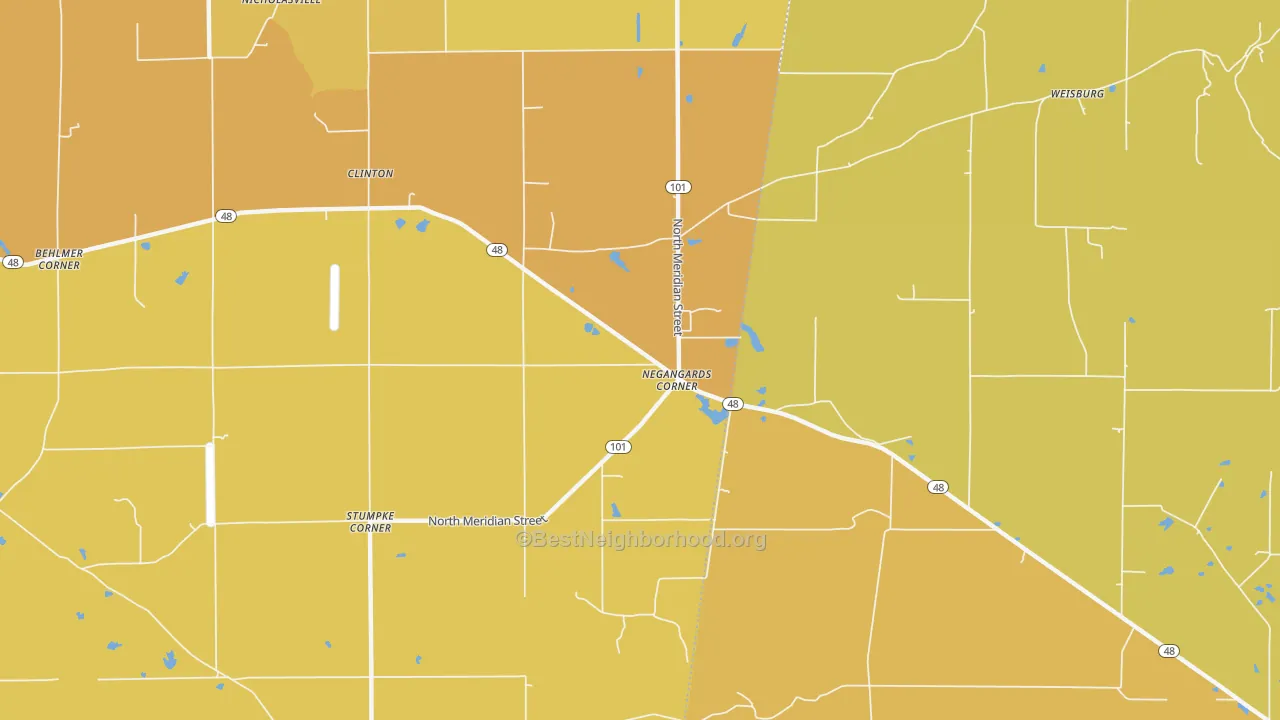 Map of the best neighborhoods in the Negangards Corner area, with better matches in green and worse matches in red