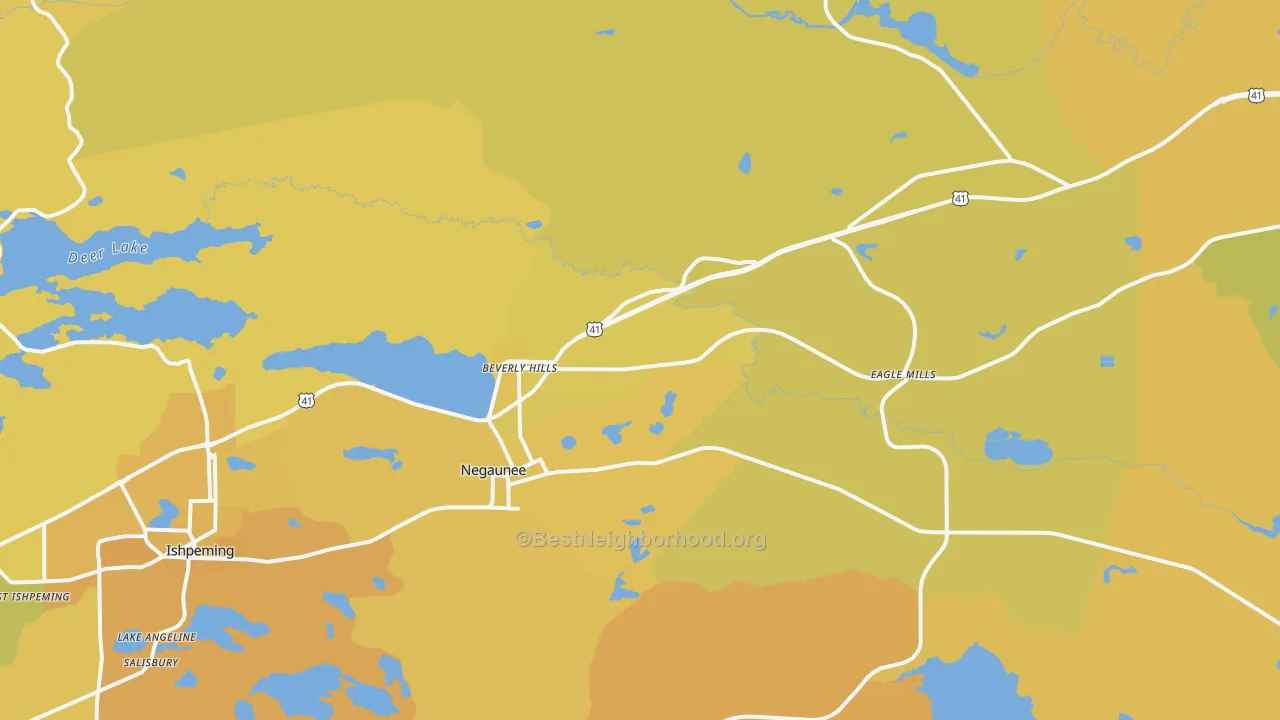 Map of the best neighborhoods in the Negaunee area, with better matches in green and worse matches in red