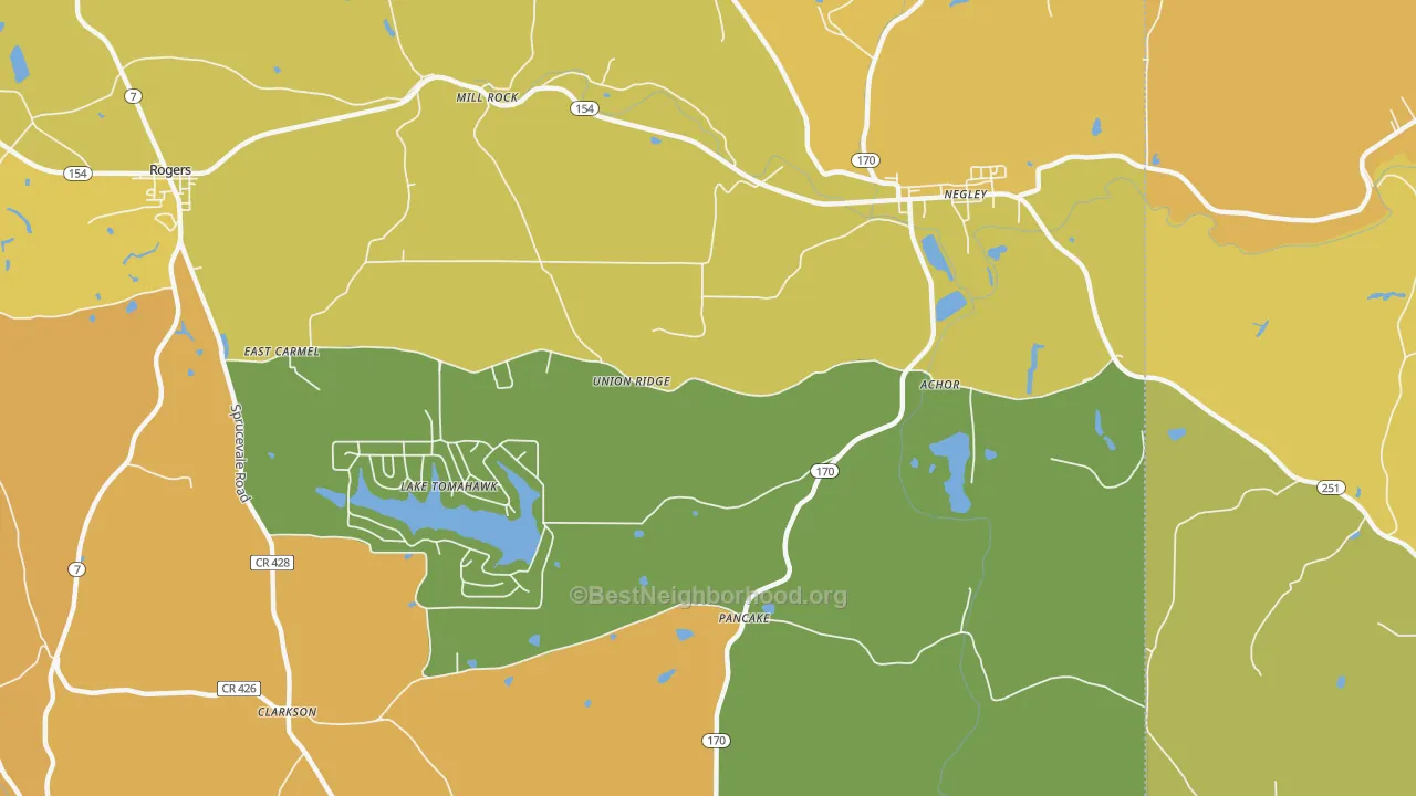 Map of the best neighborhoods in the Negley area, with better matches in green and worse matches in red