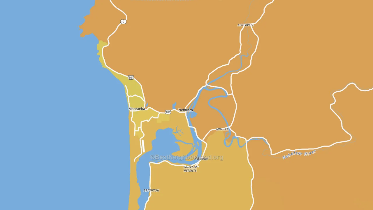 Map of the best neighborhoods in the Nehalem area, with better matches in green and worse matches in red