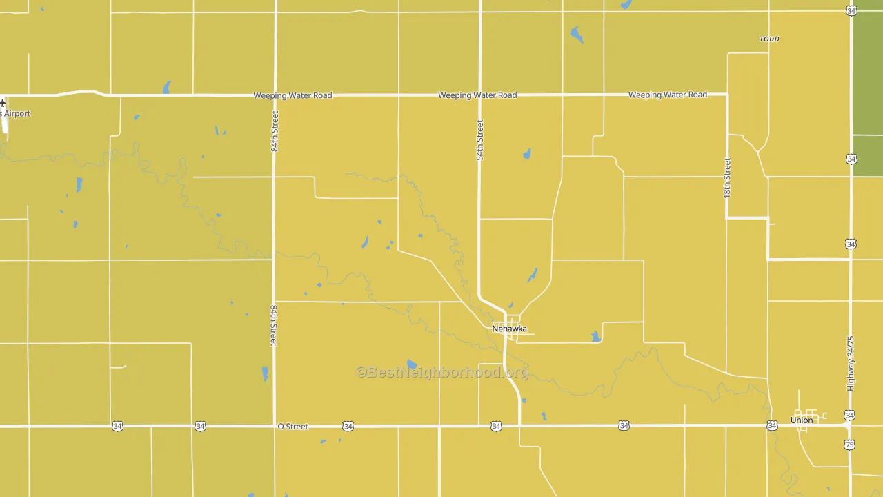 Map of the best neighborhoods in the Nehawka area, with better matches in green and worse matches in red