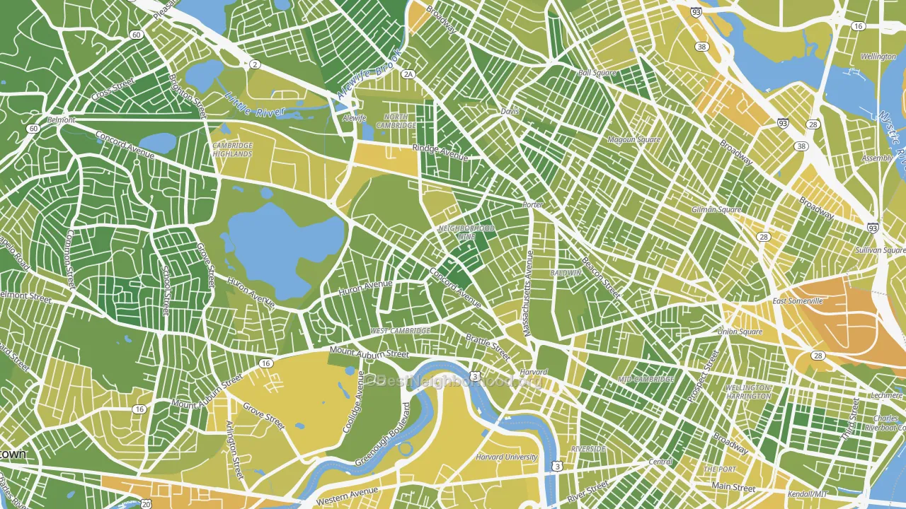 Map of the best neighborhoods in the Neighborhood Nine, Cambridge area, with better matches in green and worse matches in red