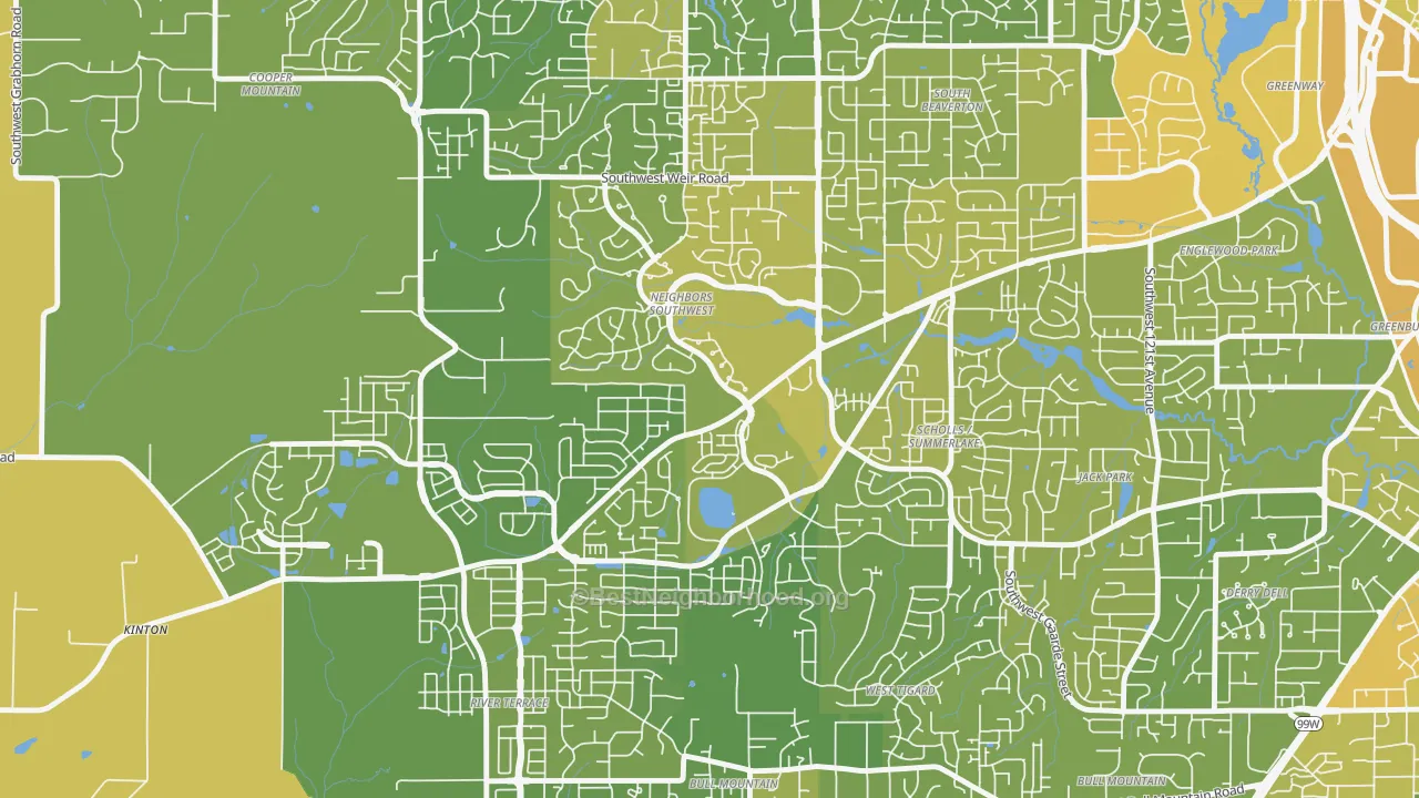 Map of the best neighborhoods in the Neighbors Southwest, Beaverton area, with better matches in green and worse matches in red