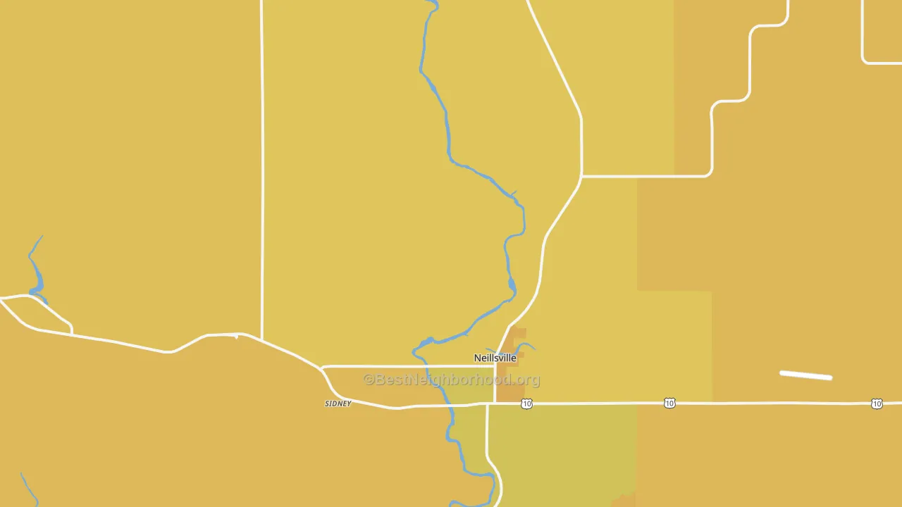 Map of the best neighborhoods in the Neillsville area, with better matches in green and worse matches in red