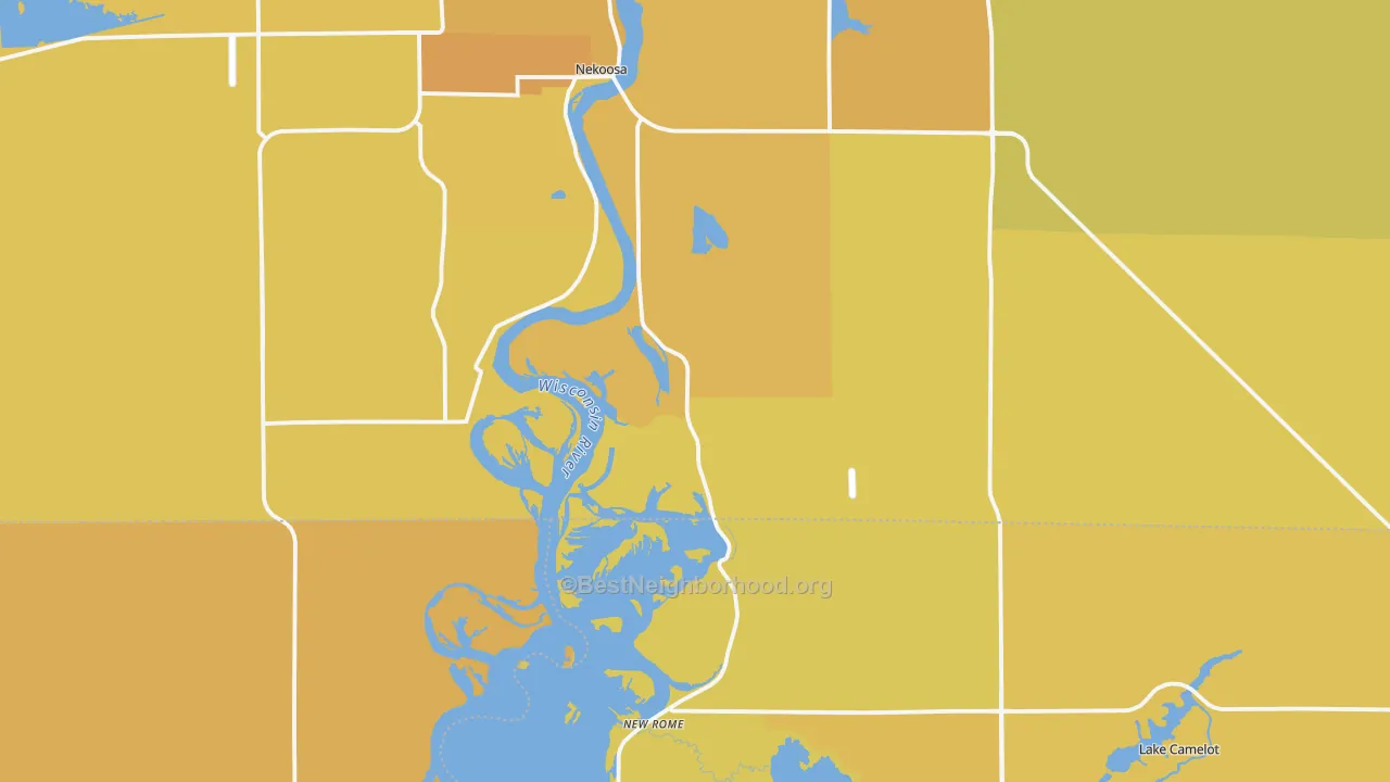 Map of the best neighborhoods in the Nekoosa area, with better matches in green and worse matches in red
