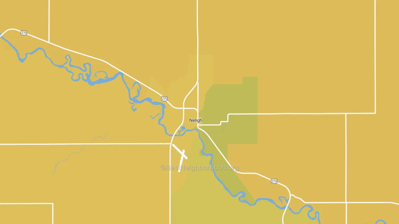Map of the best neighborhoods in the Neligh area, with better matches in green and worse matches in red