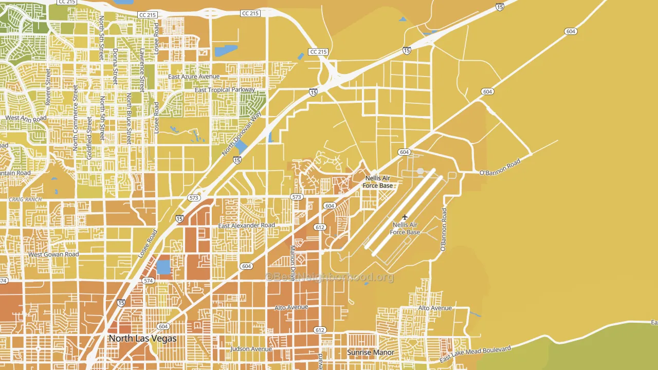 Map of the best neighborhoods in the Nellis Afb area, with better matches in green and worse matches in red