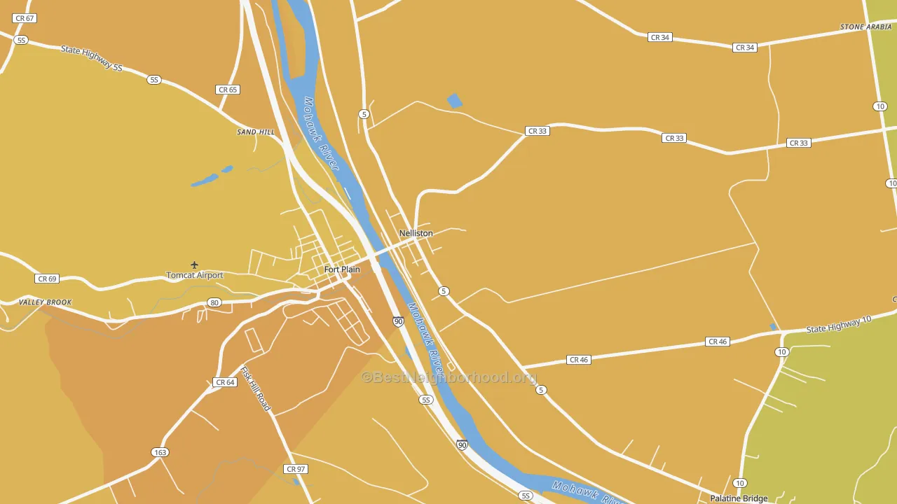 Map of the best neighborhoods in the Nelliston area, with better matches in green and worse matches in red