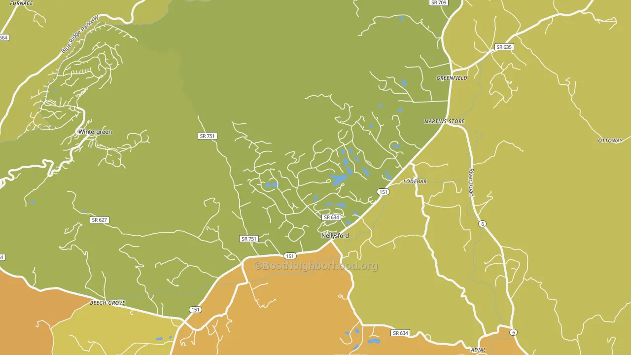 Map of the best neighborhoods in the Nellysford area, with better matches in green and worse matches in red