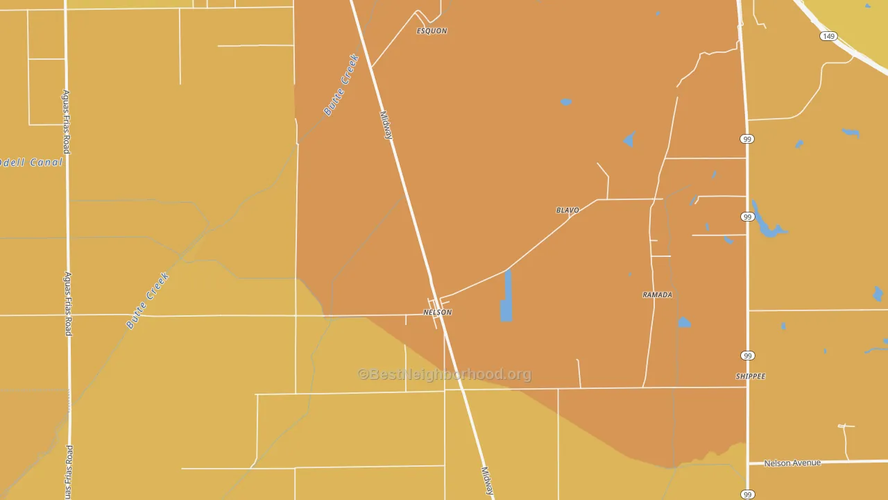 Map of the best neighborhoods in the Nelson area, with better matches in green and worse matches in red