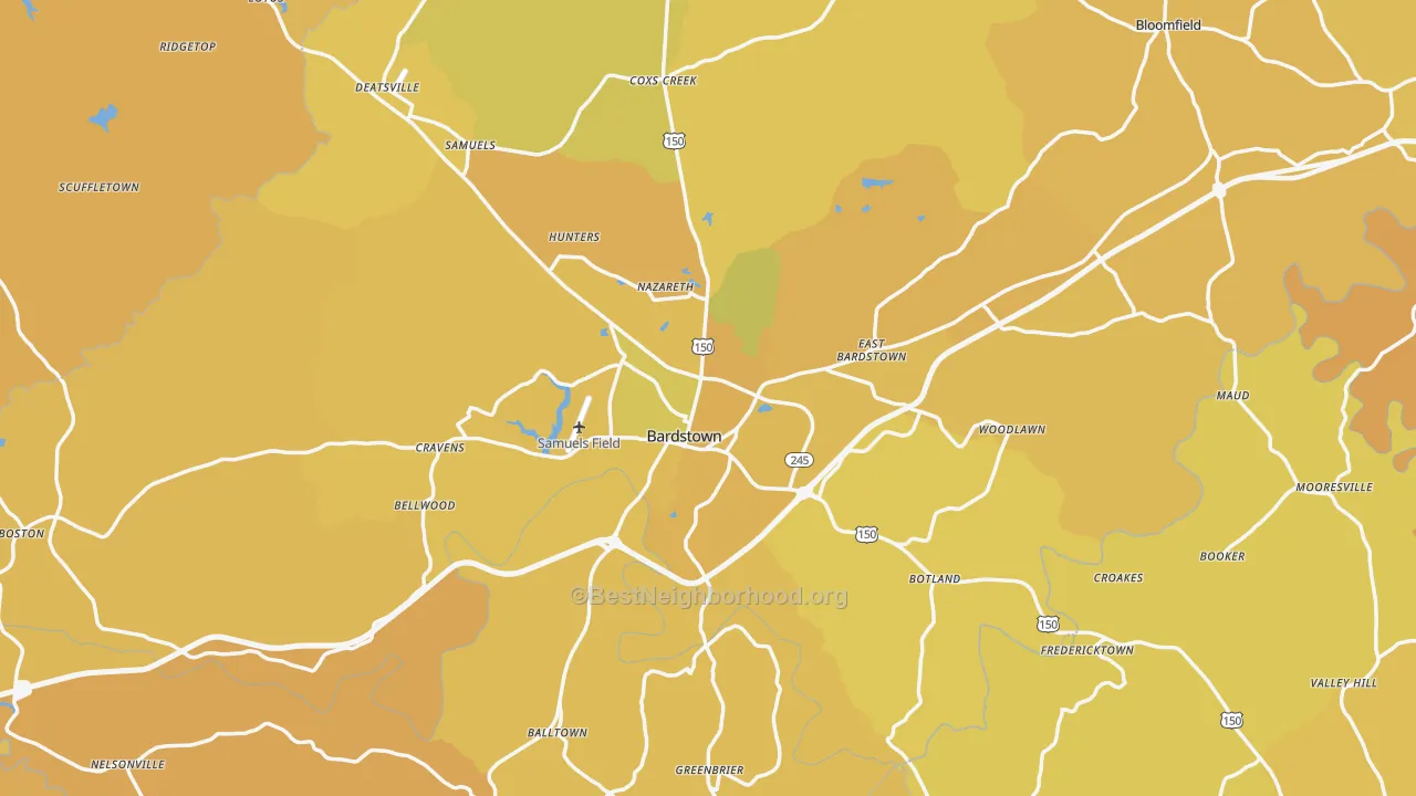 Map of the best neighborhoods in the Nelson County area, with better matches in green and worse matches in red