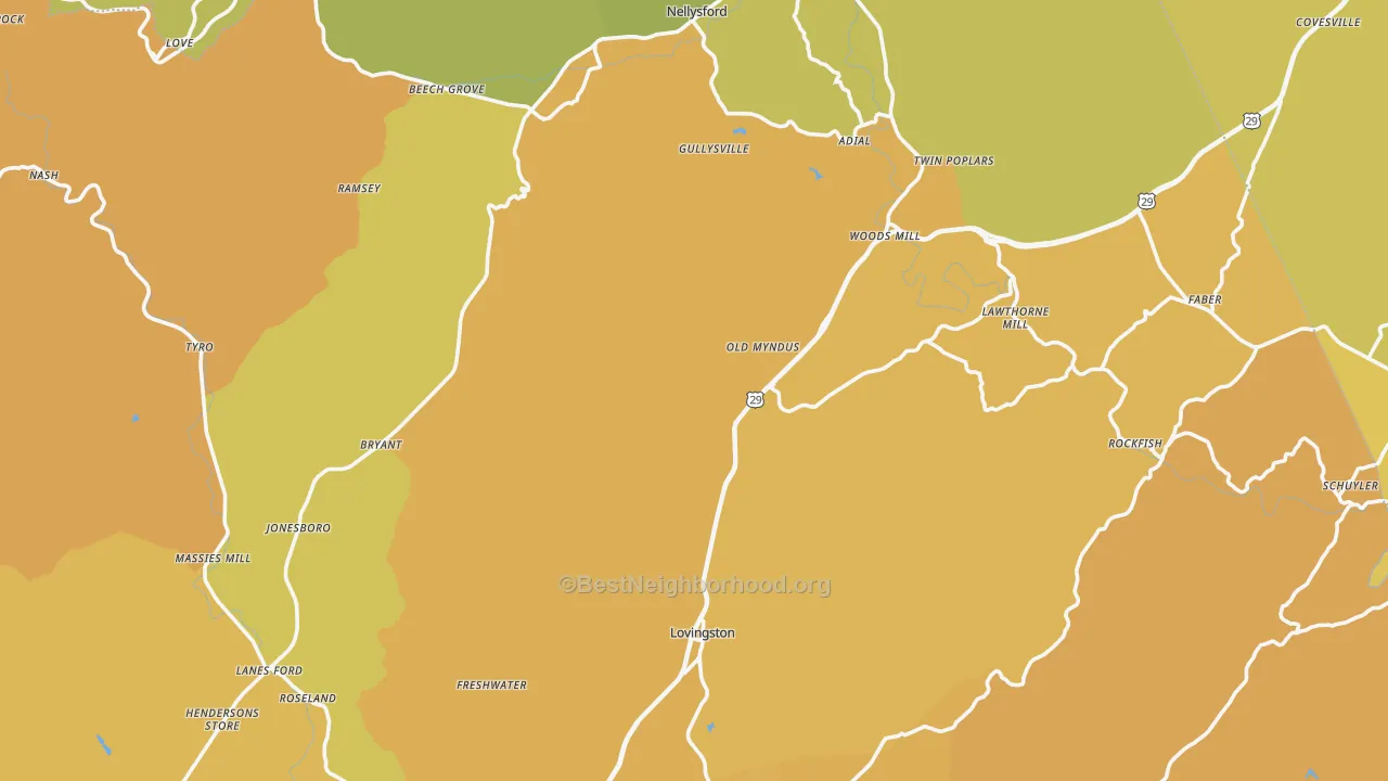 Map of the best neighborhoods in the Nelson County area, with better matches in green and worse matches in red