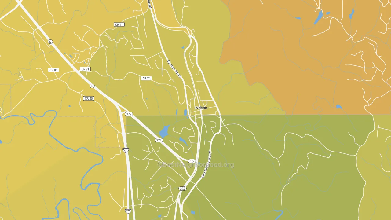 Map of the best neighborhoods in the Nelson area, with better matches in green and worse matches in red