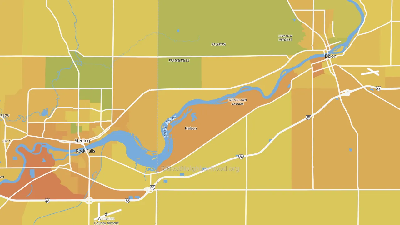 Map of the best neighborhoods in the Nelson area, with better matches in green and worse matches in red